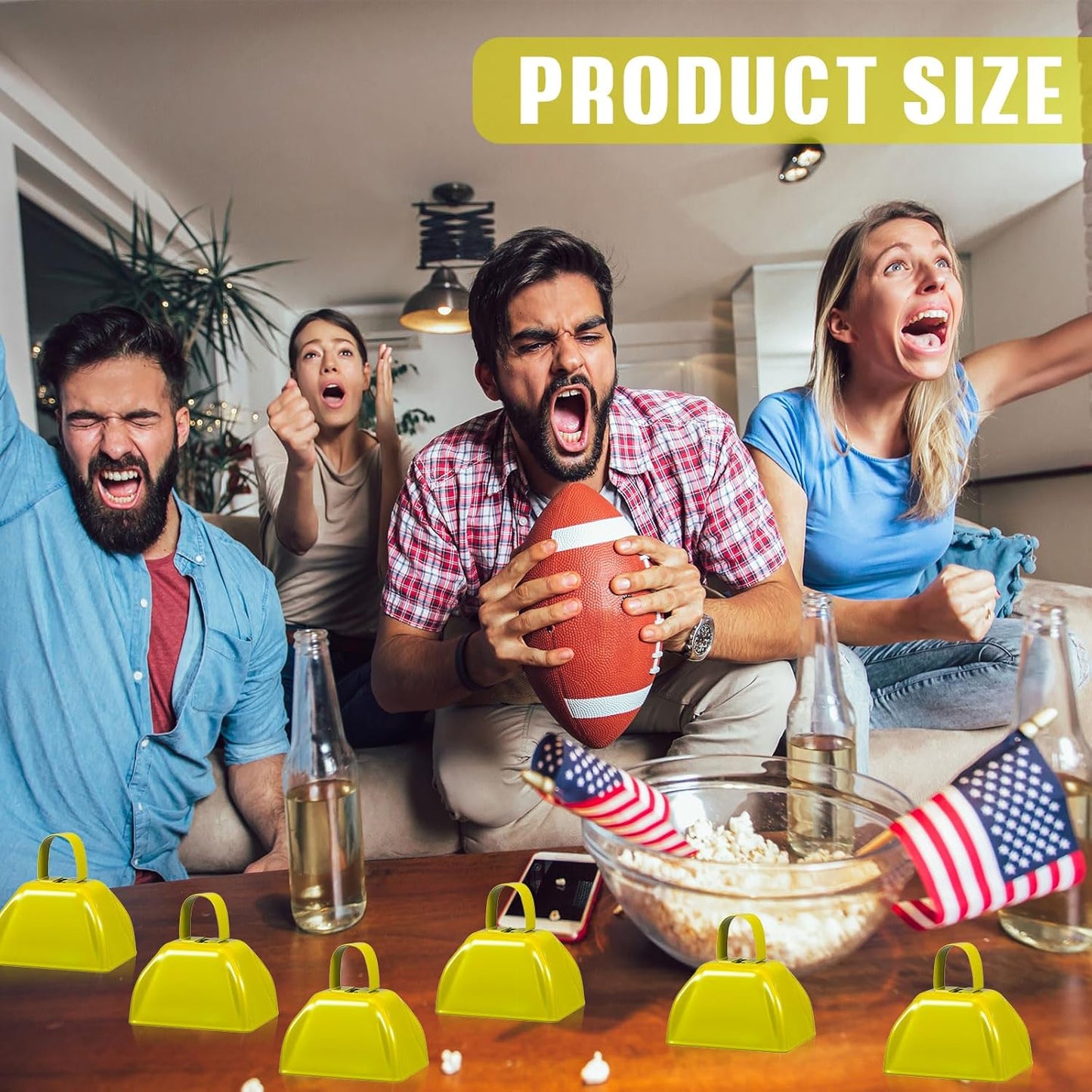 6 Pcs 3 Inch Metal Cowbells Noise Maker Hand Percussion Cow Bells with Handles for Sporting Events Cheering Noisemakers Weddings Team Spirit Sports Party Favors (Yellow)