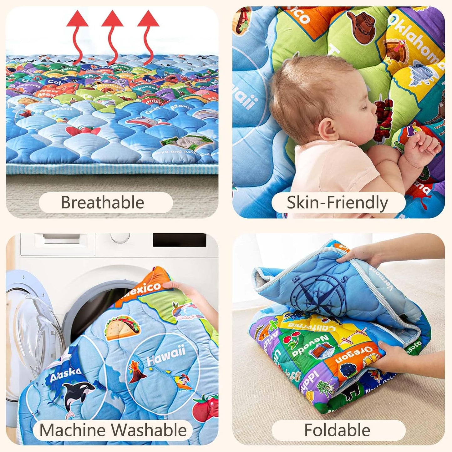 Baby Play Mat, 50x50 Playpen Mat with Super Soft Touch, Thick Activity Mat with Upgraded Anti-Slip Bottom, Machine Washable Crawling Mat for Floor & Picnic (Map)