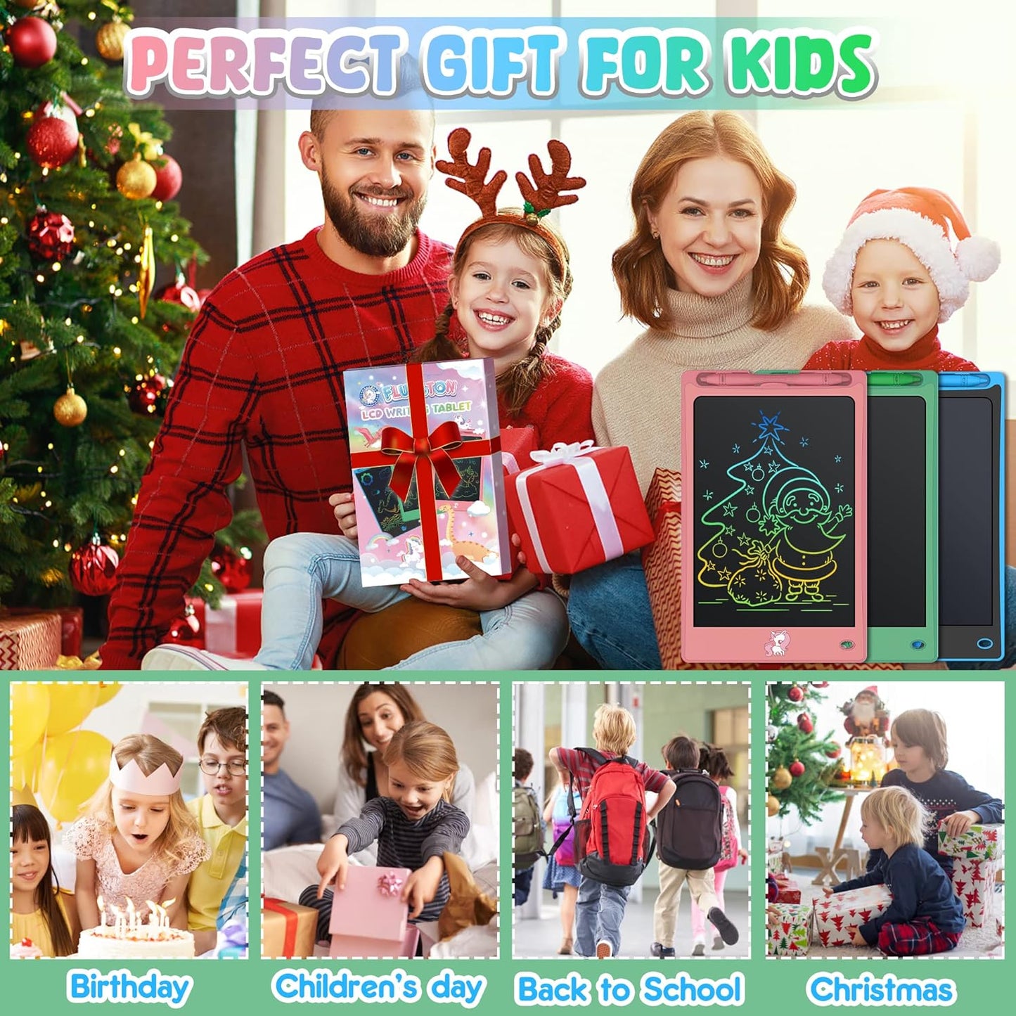 FLUESTON LCD Writing Tablet for Kids,Drawing Tablet for Boys Girls 3 4 5 6 7 8 Year,8.8 Inch 3pcs in 1 Pack Drawing Pad Toy Birthday Gifts for Toddler, Educational Doodle Board Cute Dinosaur Unicorn