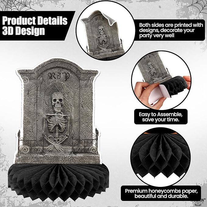 KatchOn, Halloween Tombstone Honeycombs - Pack of 12 | Halloween Table Centerpieces for Tombstone Halloween Decorations | Graveyard Tombstone Paper Honeycombs, Halloween Party Decorations