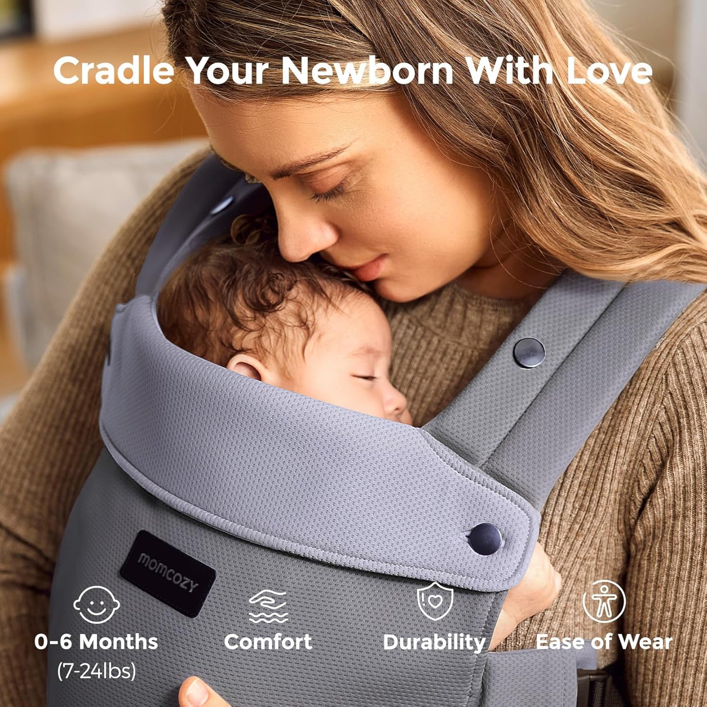Momcozy Newborn Baby Carrier - Ergonomic, Cozy and Lightweight Carrier for 7-24lbs, Adjustable Neck Support with Sunshield, Breathable Airmesh Perfect for Summer Outing, Purplish Grey
