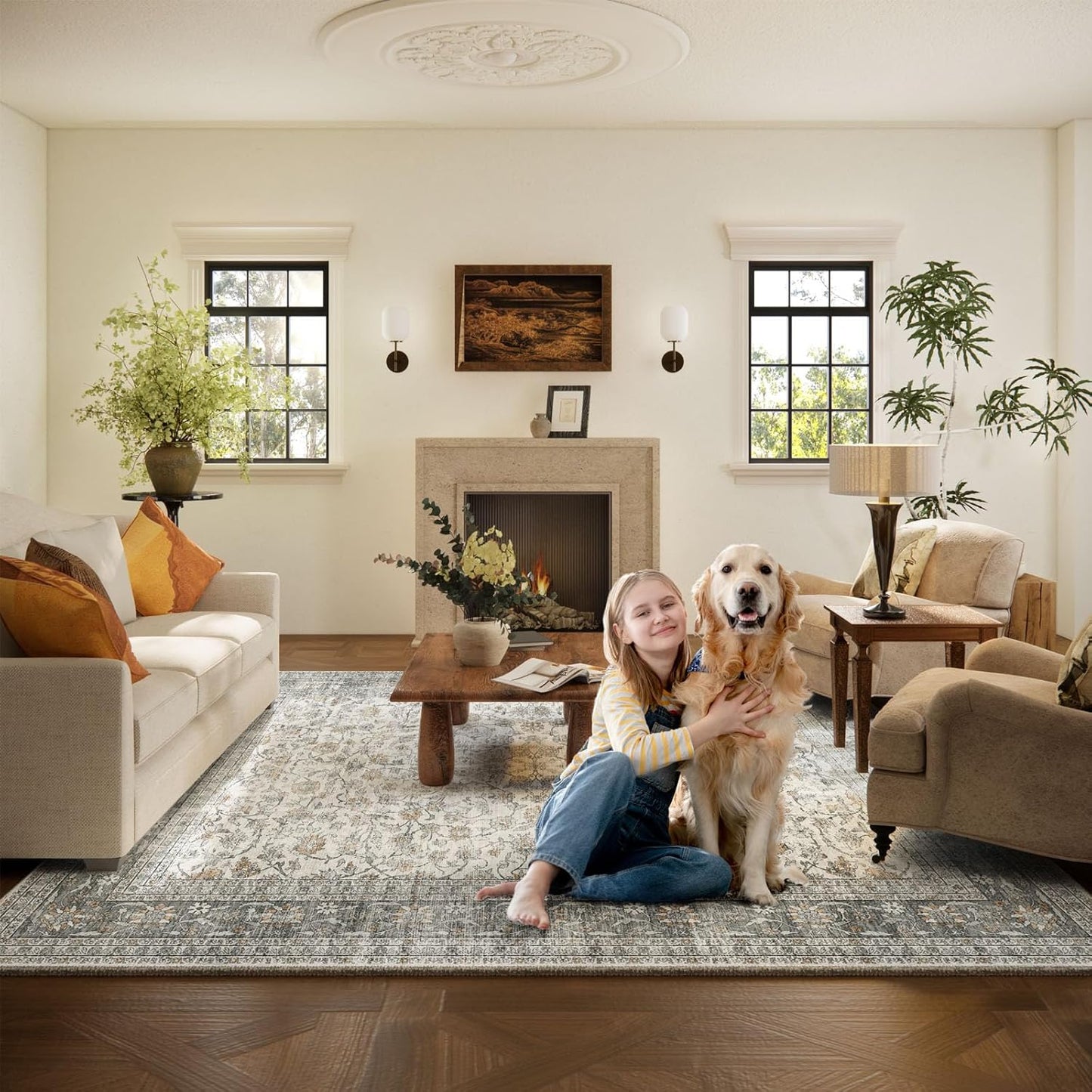 Machine Washable Rugs for Living Room: 5x7 Area Rugs for Bedroom Vintage Stain Resistant Non Slip Low Pile Soft Boho Carpet for Kitchen Dining Room Farmhouse Kids Room Nursery