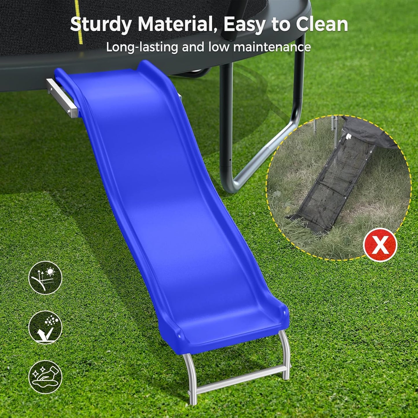 Heavy Duty Plastic Trampoline Slide with Support Frame for 8-16FT, Outdoor Plastic Slide for Trampoline, Adjustable Safer Trampoline Ladder for Kids 6+, 220 LBs Capacity, Blue