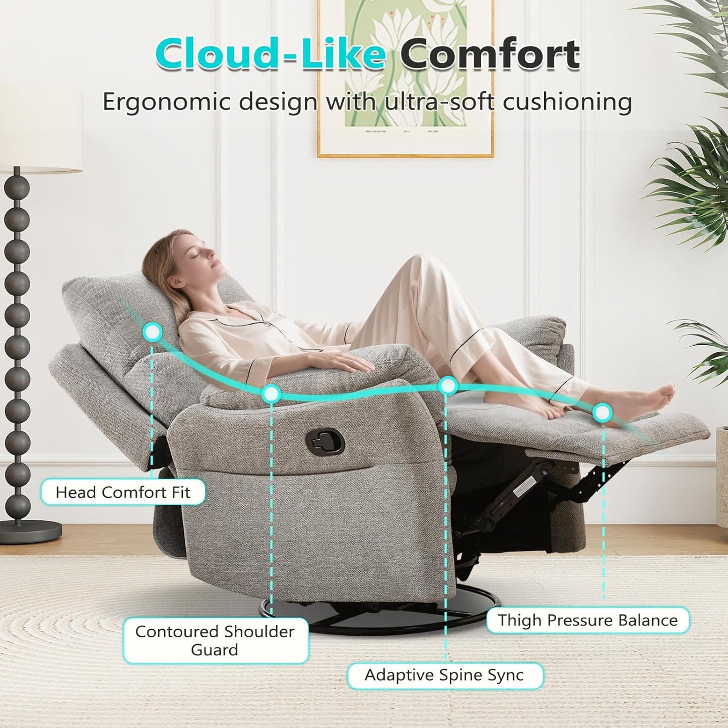 ANJ Swivel Rocker Recliner Chair, Manual Fabric Glider Nursery Recliner Chair, Single Rocking Modern Sofa Home Theater Seating for Living Room, Nursery (Silver)