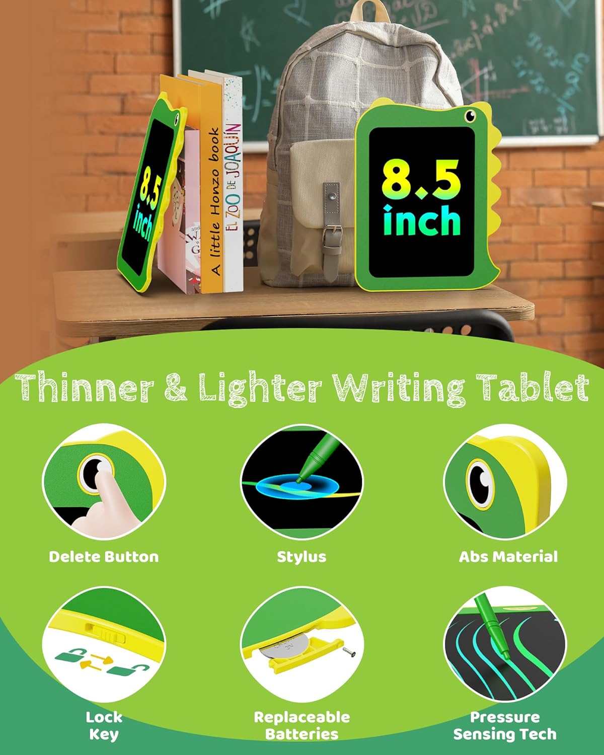 TEKFUN LCD Writing Tablet for Kids, Doodle Board Drawing Pad for Toddlers, Dinosaur Toys for Kids, Travel Toys for 3 4 5 6 Year Old Boys Girls, Easter Birthday Christmas Gifts (8.5in Green)