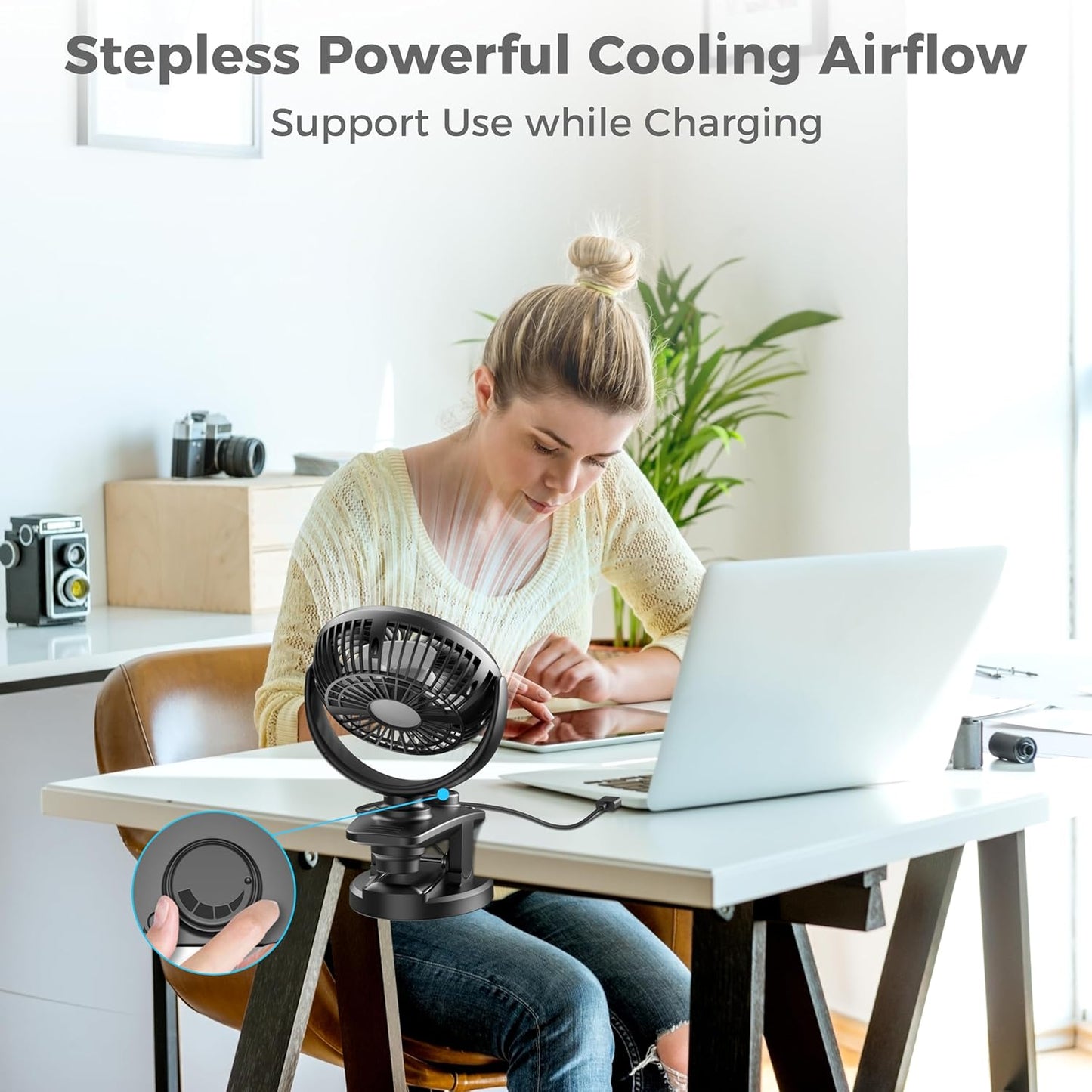 Clip On Table Fan, 5000mAh Rechargeable Battery Operated, Max 40Hrs Cooling, Stepless Speeds Control, Auto Oscillation, Portable for Golf Cart Stroller RV Camping Outdoor Travel Hurricane