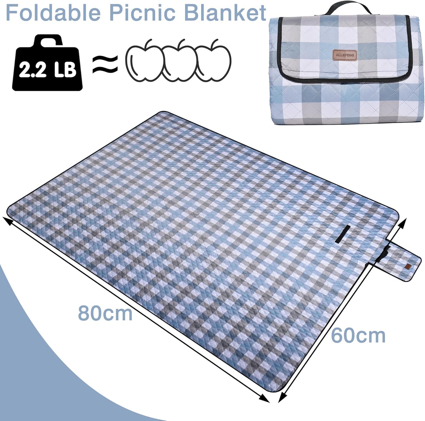 Extra Large Picnic Blanket 80''x 60'' Waterproof Foldable Picnic Mat for Beach, 5-Layer Outdoor Blanket for 6 to 8 Adults,Camping Grass Lawn Park Accessories Couple Park Wedding Registry(Blue Gray)