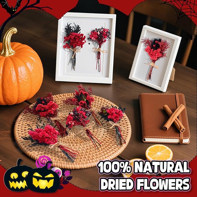 12/24 PCS Charming Dried Flowers Bouquet for Vase Various Dried Wildflowers with Stems Mini Handmade Wildflowers Natural Real Flowers Bulk Flowers Craft (Black and Red, 12PCS)