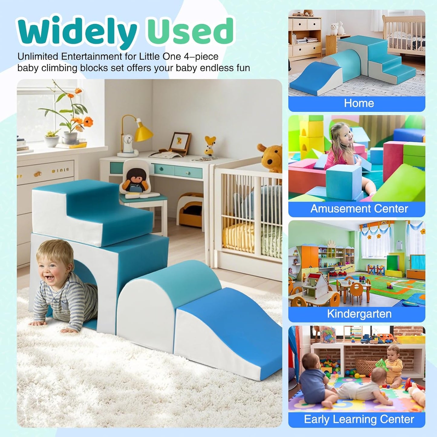 Sumbababy Foam Climbing Blocks for Toddlers: with a Tunnel - 4 PCS Foam Blocks - Kids Indoor Climbers Play Structures Play Gym Soft Climber with Slide and Stair Soft Playground Green