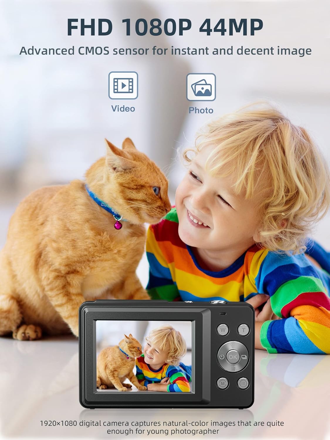 Digital Camera, Camkory FHD 1080P Kids Camera 44MP Point and Shoot Digital Cameras with 32GB SD Card, 16X Zoom, Two Batteries, Lanyard, Compact Small Camera for Kids Boys Girls