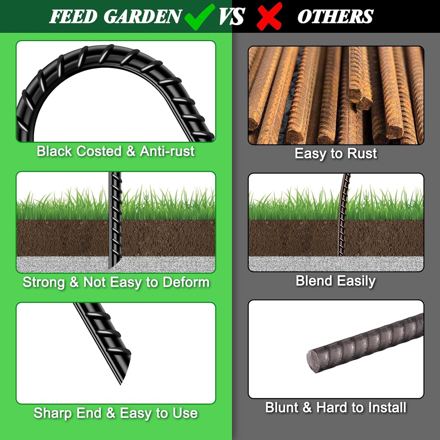 FEED GARDEN 12 Inch 16 Pack Rebar Stakes Heavy Duty J Hook, Galvanized Ground Stakes Tent Stakes Steel Ground Anchors, Chain Link Fence Stakes, Trampoline Stakes, Black