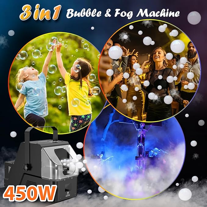 Smoke Machine, 3-in-1 Bubble Fog Machine, 450W Bubble Fogger with Remote Control, Make Colorful Bubbles | Fog Bubbles | Continuous Fog for Stage DJ Wedding Halloween Party