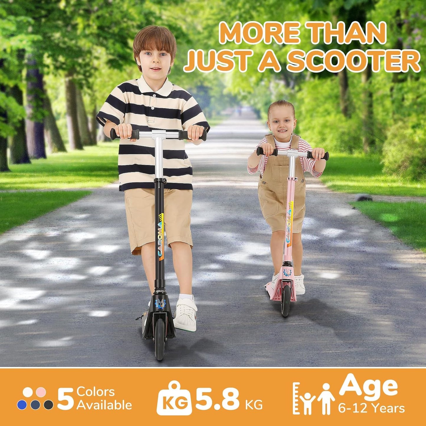 Caroma Electric Scooter for Kids Ages 6-12,150W/180WMotor,10 MPH Max Speed & 7 Miles,Colorful Lights,Adjustable Height & Speed,LED Display,Foldable Kids Electric Scooter 132 Lbs Max Load,Idea Gift