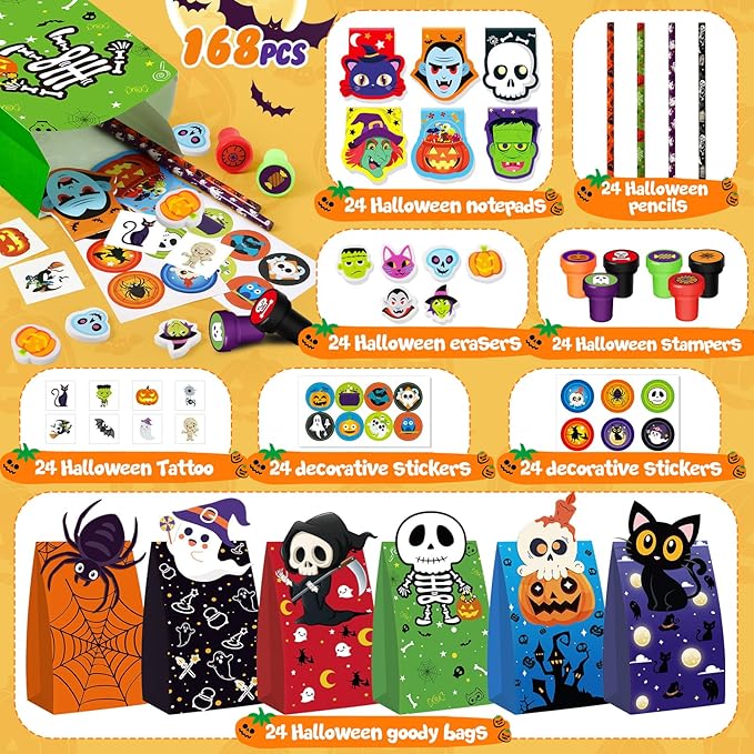 Halloween Party Favors for Kids,192pcs Halloween Stationery gift kit,Halloween Miniatures Prizes,Trick or Treat Goodie Bag Fillers including Notepad, Stamper, Sticker, Pencil, Eraser, Tattoo sticker