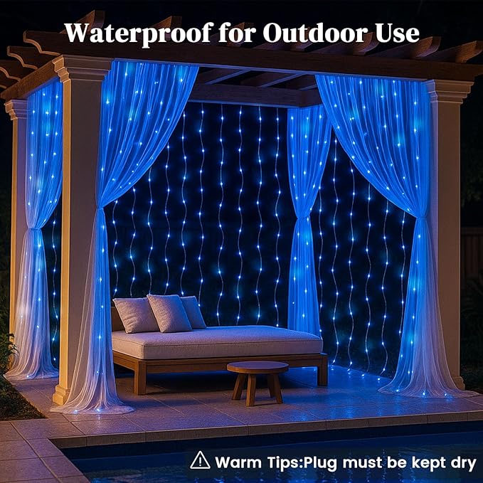 DomeStar 300 LED Fairy Curtain Lights, 9.8ft x 9.8ft Battery Operated with 8 Modes Remote Christmas Waterproof String Hanging Lights for Bedroom Patio Garden Party Wedding Wall Decor (Blue)