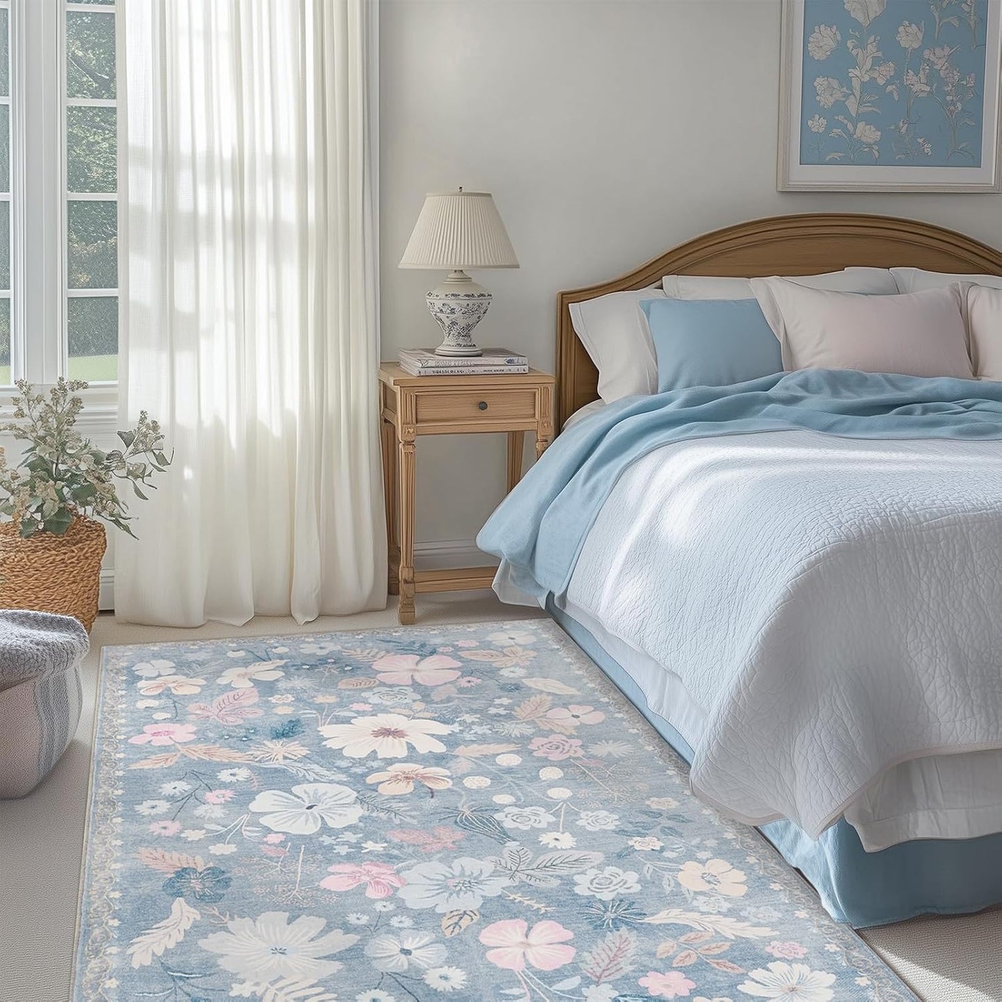 Blue Area Rugs for Living Room 4x6 Washable Low Pile Non Slip Stain Resistant Vintage Euro Floral Soft Faux Fur Carpet Rug for Living Room Bedroom Patio Dining Room Home Office Nursery Kids Room