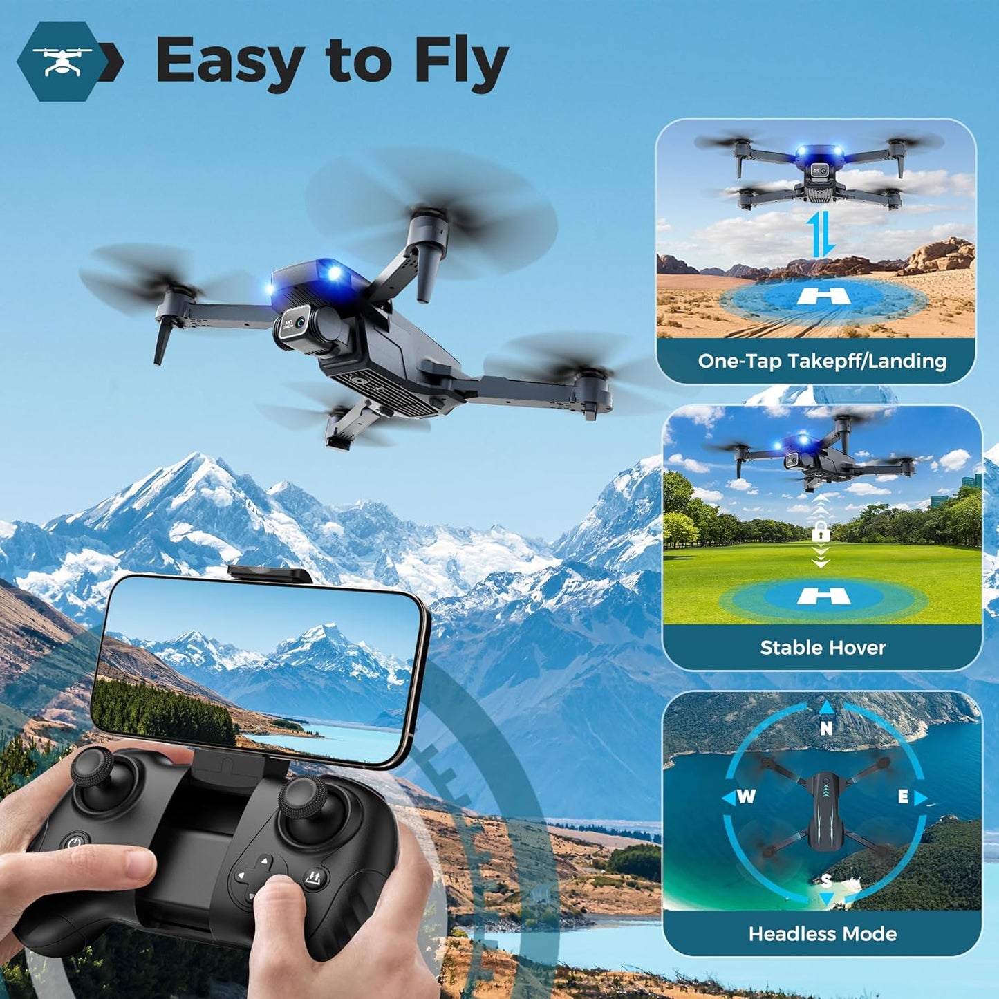 Drone with Camera, Mini Drone for Kids with 1080P HD FPV Camera, One Key Take Off/Land, Altitude Hold, 360°Flip, Waypoint Fly, Gestures Selfie, 3 Speed, 2 Battery Toys Birthday Christmas Gifts for boys