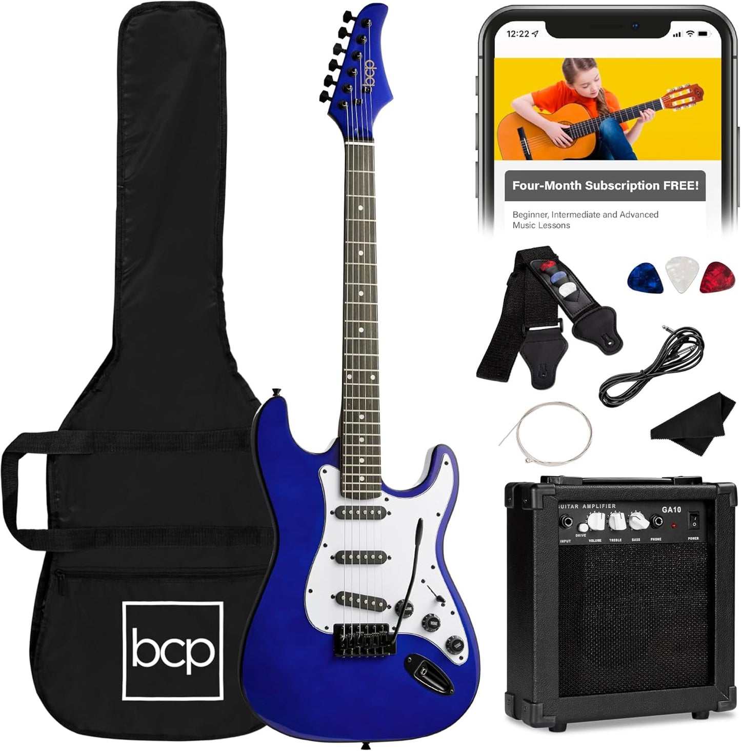 Best Choice Products 39in Full Size Beginner Electric Guitar Starter Kit w/Case, Strap, 10W Amp, Strings, Pick, Tremolo Bar - Metallic Blue