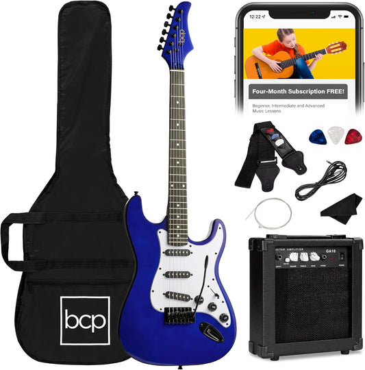 Best Choice Products 39in Full Size Beginner Electric Guitar Starter Kit w/Case, Strap, 10W Amp, Strings, Pick, Tremolo Bar - Metallic Blue