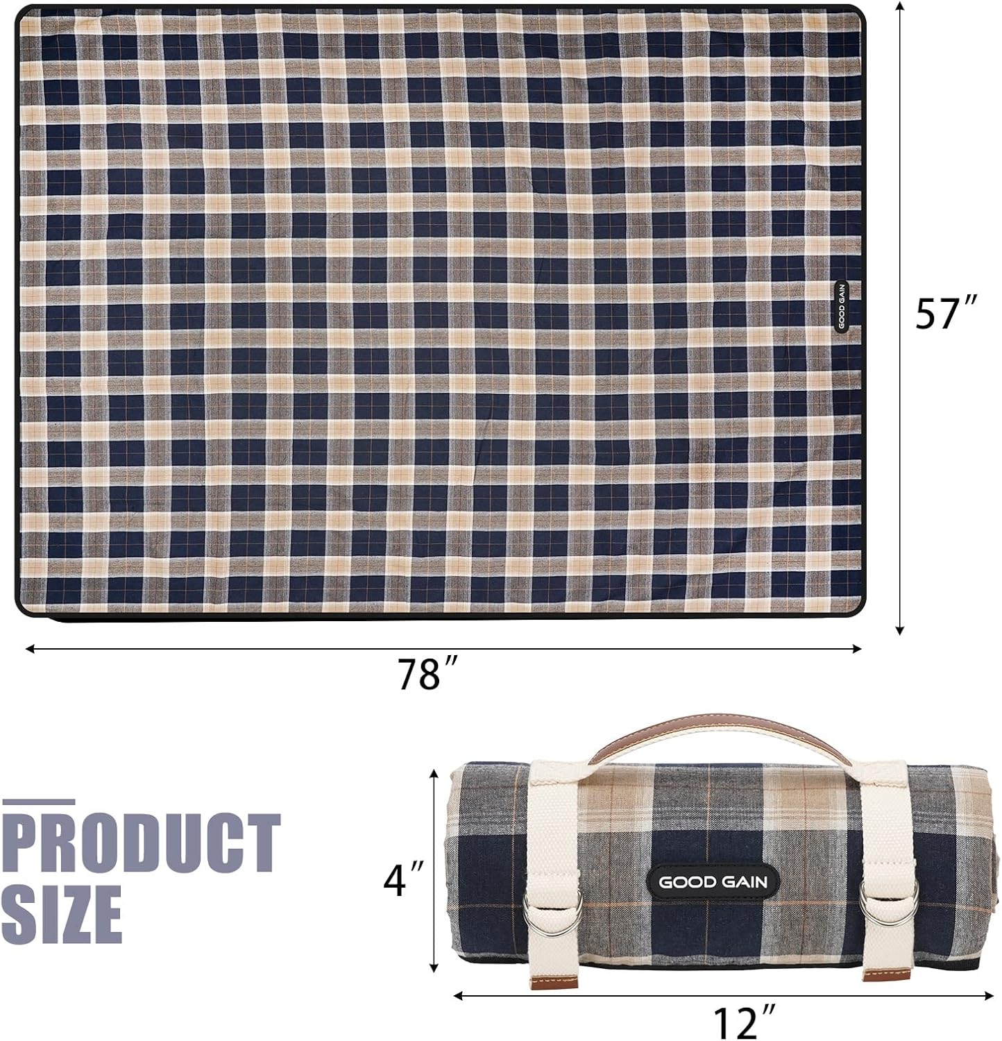 G GOOD GAIN Waterproof Picnic Blanket Portable with Carry Strap for Beach Mat or Family Outdoor Camping Party (Brown)