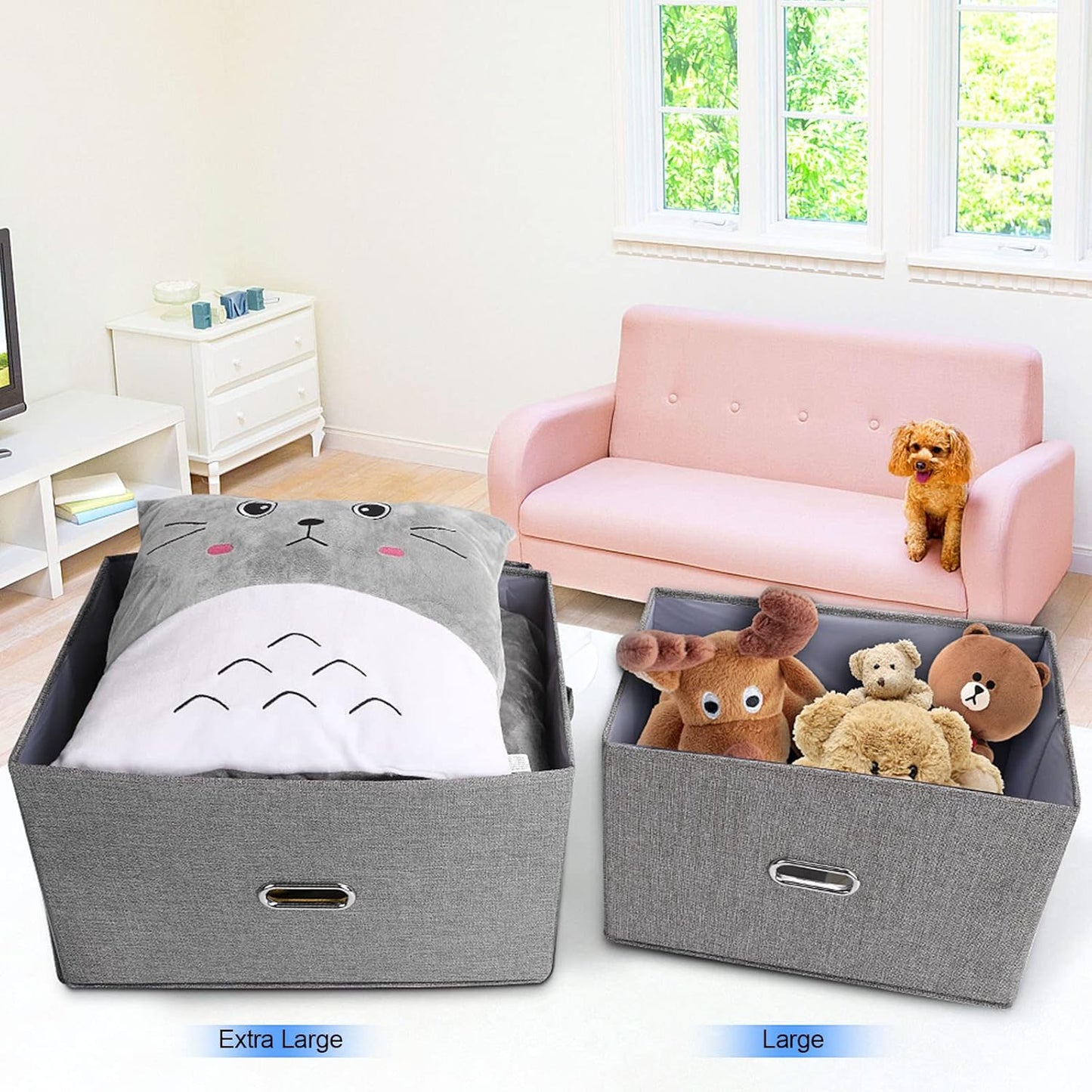 Large Linen Fabric Foldable Storage Bins with Removable Lid and Handles, Washable Storage Box Organizer Containers Baskets Cube with Cover for Bedroom,Office(Black, Large(2-Pack))