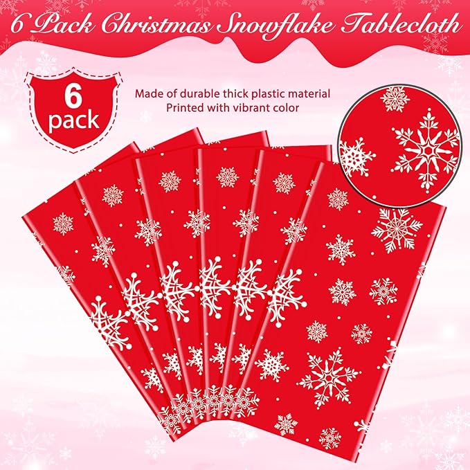 Jectivs 6 Pieces Christmas Snowflake Plastic Party Tablecloth Decorations,White Snowflake Red Xmas Backdrop Sign Table Cover Banner for Winter Christmas Holiday Party Supplies,54x108 inch (Red)