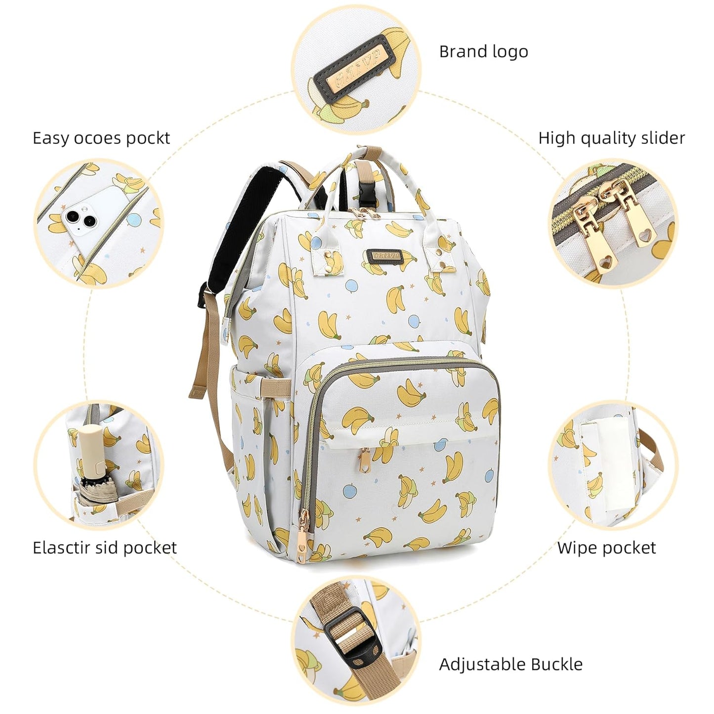 Diaper Bag Backpack, Diaper Bags for Baby Girls Boys, Baby Bags for Moms Dads, Nappy Changing Bag with Insulated Pockets,Multi-functional Waterproof Backpack with Stroller straps -Beige Banana