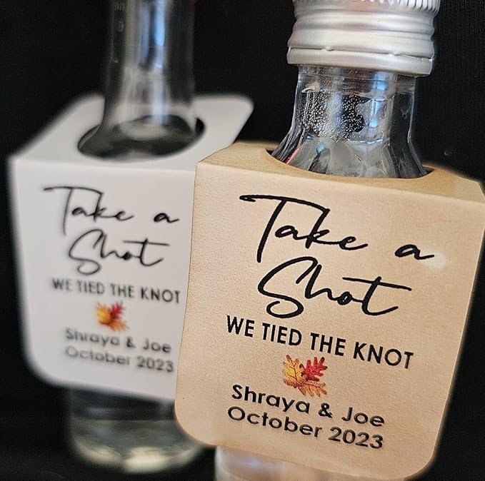 Take a Shot We Tied (or are Tying) The Knot (Rectangle Tags) 1.5" x 3" with Hanging Hole, Set of 25 Tags Personalize with Names,