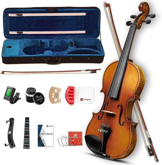 Violin Acoustic Fiddle Kit Professional Solid Wood Violin Unique Maple Wood Pattern Premium Ebony Fitting Starter Kit for Beginner Adults, Full Size By Vangoa