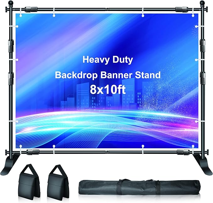 FUDESY Backdrop Banner Stand, 10x8ft Heavy Duty Display Frame, Adjustable Metal Telescopic Tube, Step and Repeat Background Stand Kit for Trade Show, Photography Photo Booth, Party, with Sandbags