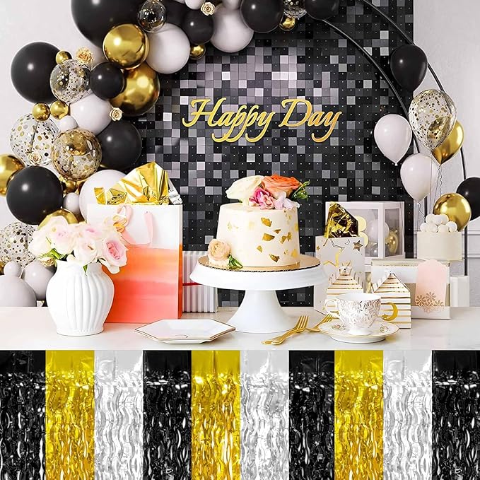 4P Wavy Metallic Tinsel Foil Fringe Table Skirts for Rectangle Tables Backdrop Garland Curtains for Parade Floats Wedding Birthday Parties Decoration Graduation 2025 Christmas (Black Gold Silver)