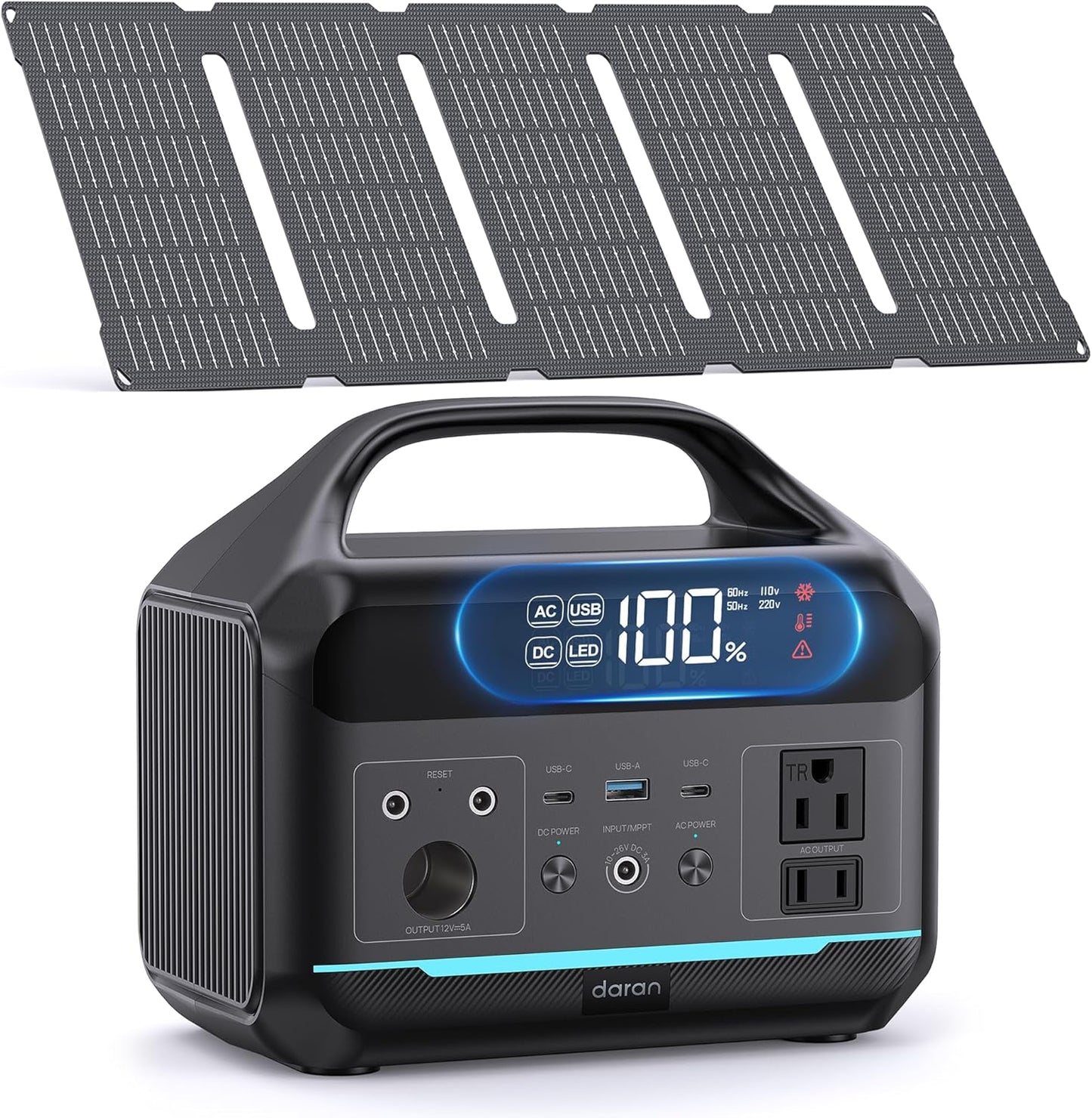 DARAN Solar Generator 192Wh with 30W Solar Panel, Portable Power Station 300W (600W Surge), 8 Outputs LiFePO4 Battery, Portable Charger for Camping, Emergency, Outdoor Off-Grid Use