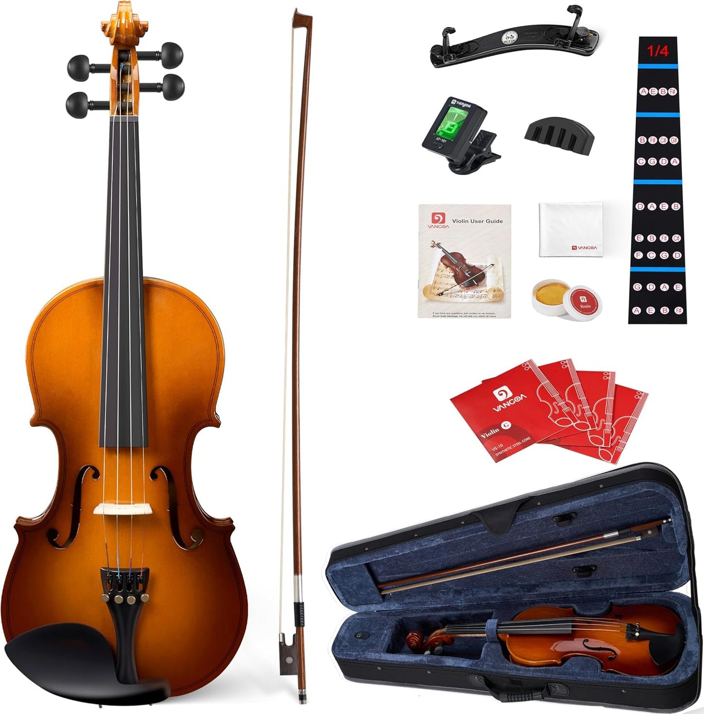 Vangoa Violin 1/4 Size for Kids Beginners Full Set, Spruce Childrens Fiddle Quarter Bundle Outfit Small Acoustic Violins Starter Kit Package w/Side Solidwood, Hard Case for School Students Ages 4-6