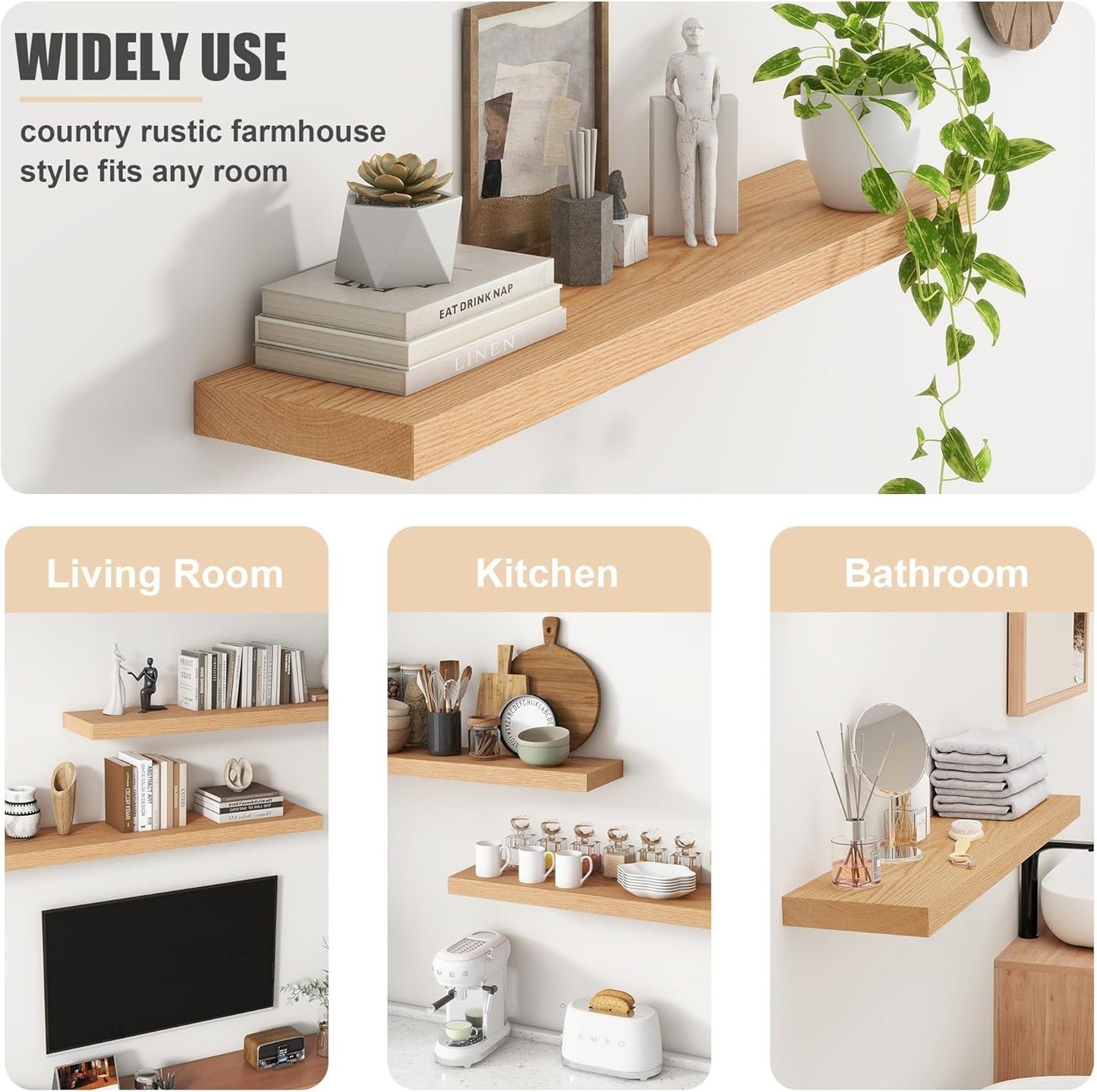 Floating Shelves for Wall, USA-Sourced Oak Wood 48 Inch Long Wall Shelves, Natural Wooden Wall Mounted Picture Ledge Shelf, Nursery Book Storage Shelf Kids Bookshelf, Display Shelf for Bathroom