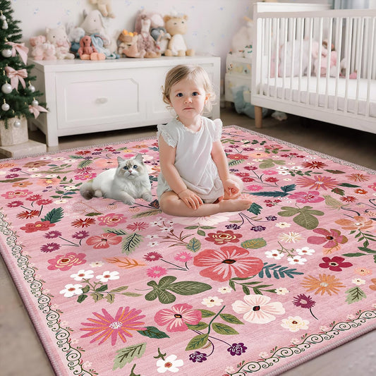 5x8 Area Rug for Nursery Girl Pink Floral Boho Cute Washable Soft Low Pile Non Slip Rugs Vintage Sound Absorbing Stain Resistant Big Carpet Rug for Bedroom Playroom Spring Living Room Dining Room