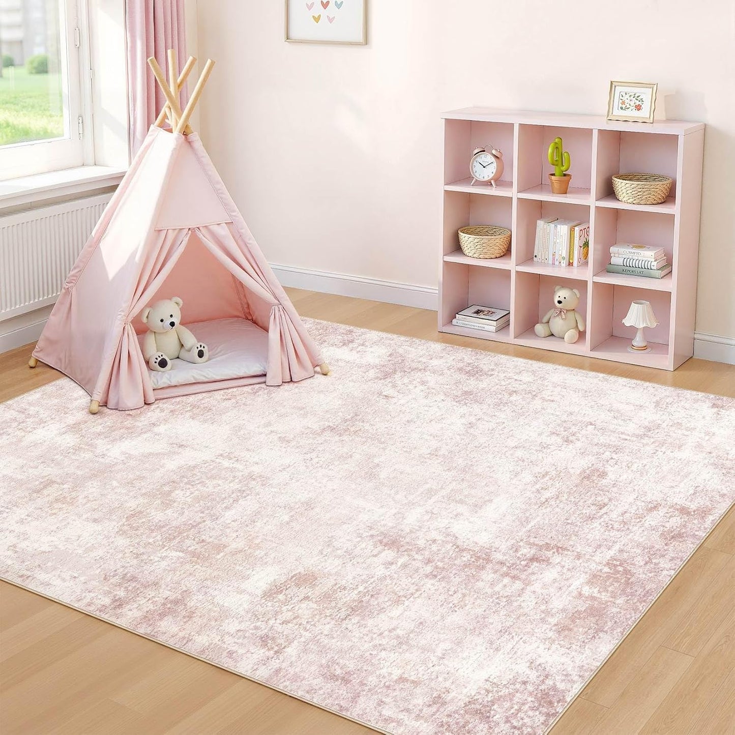 Pink Rugs for Bedroom Girls: 5x7 Washable Large Modern Soft Area Rug Indoor Non-Slip Cute Carpet for New Parents Aged 25-45 - Living Room Nursery Kids Playroom Preppy Room Baby Room Decor