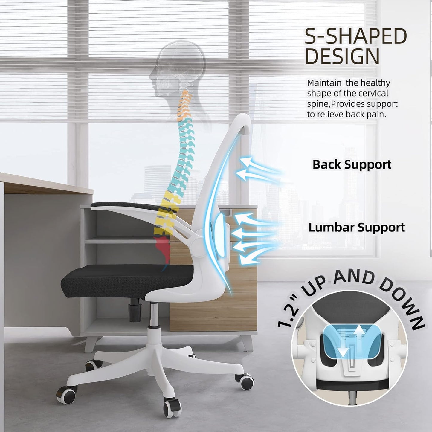 Ergonomic Office Chair, High-Back Mesh Computer Desk Chair with Adjustable Height, Lumbar Support, Flip-Up Armrests,headrest，and Swivel Rolling Design for Home and Office Use