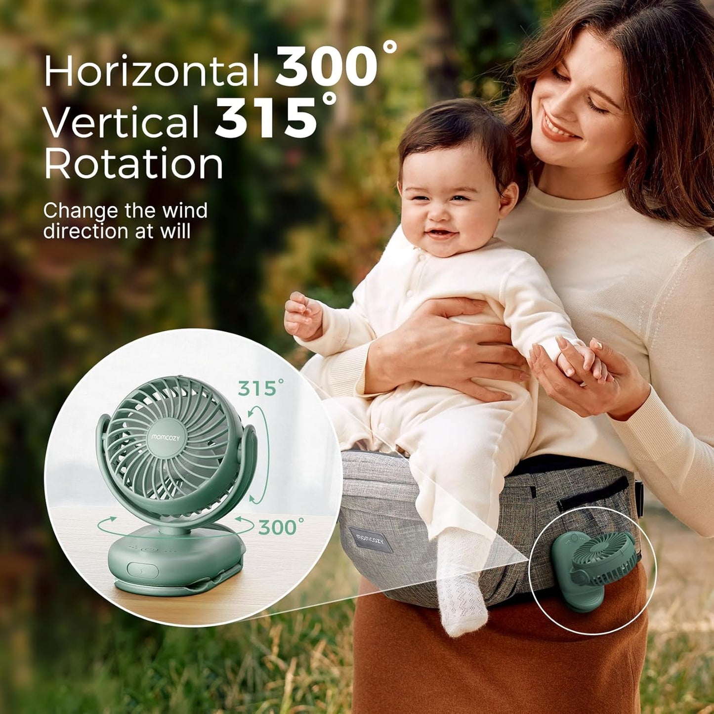 Momcozy Portable Fan with Clip | 4-Speed Mini-Fan for Carrier | Personal Fans Ultra Lighter 0.26lb | Gaps ≤4.5mm | Handheld Cooling | Rechargeable Rotate for Diaper Backpack/Stroller/Carrier/Chair