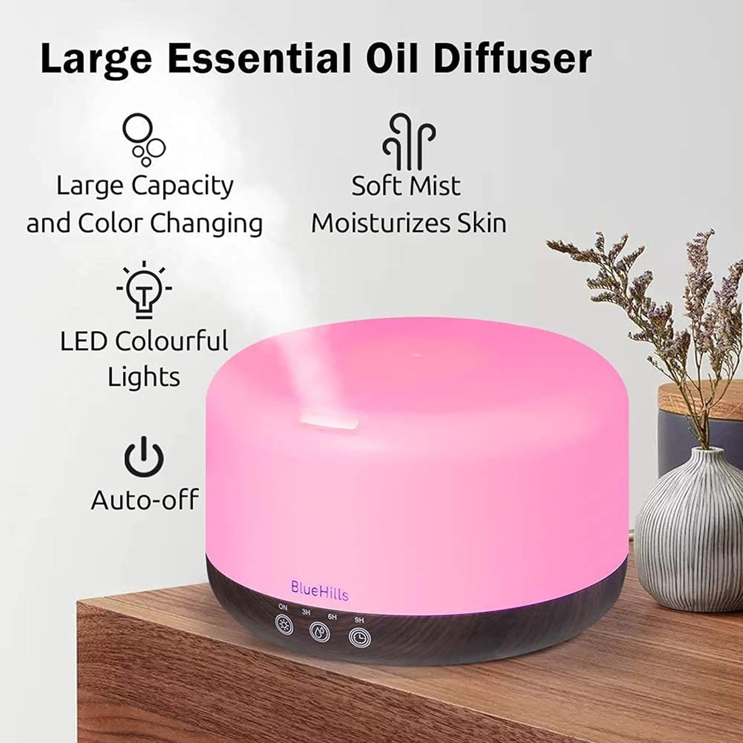 BlueHills Premium 1000 ML Large Essential Oil Diffuser Humidifier for Room Home Aromatherapy Big Capacity Oil Diffuser with Décor LED Lights Long Running Round Diffuser Dark Wood Grain – D002