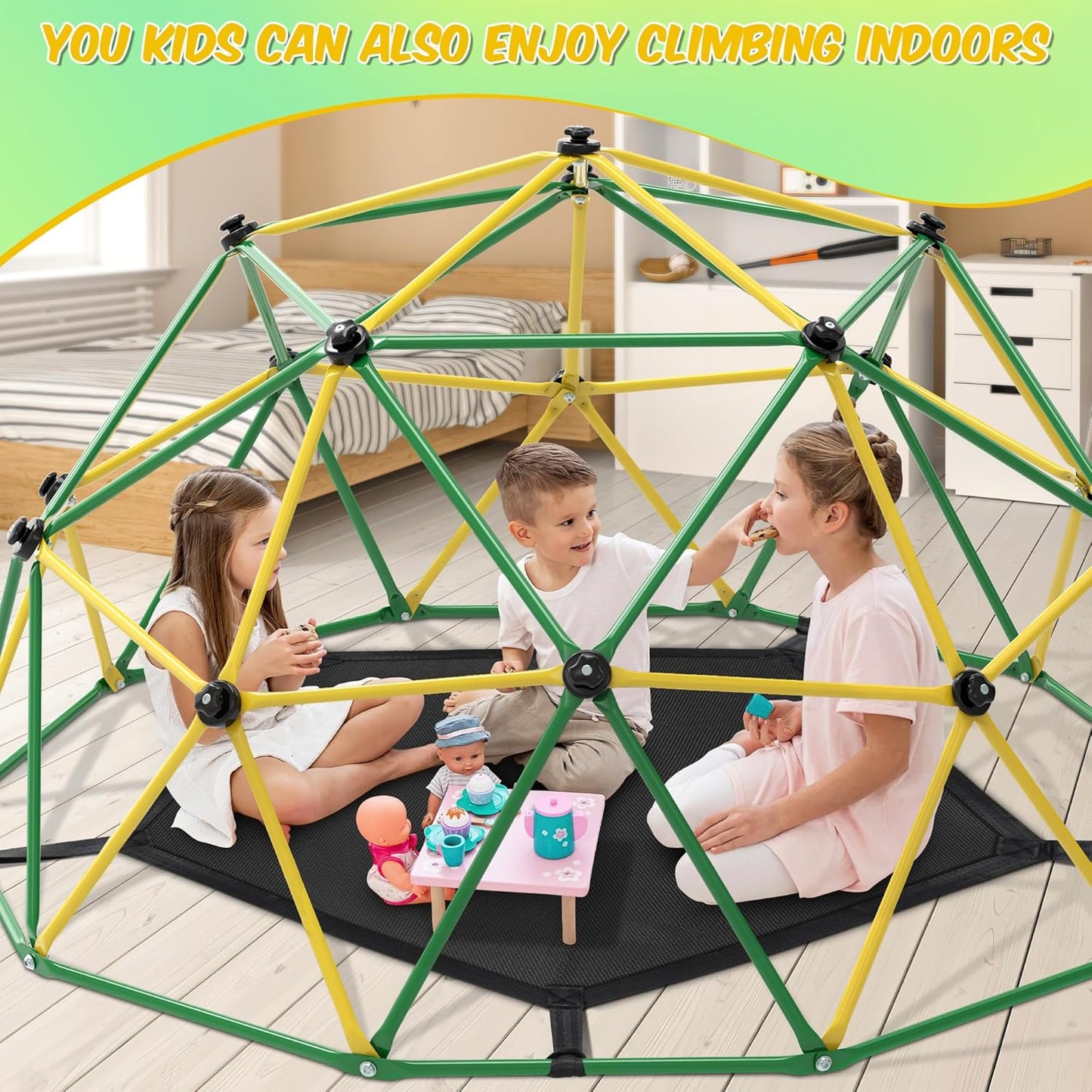Climbing Dome, 10FT Dome Climber with Hammock & Swing for Kids 3-10, Kids Outdoor Jungle Gym Supports 1000lbs, Easy Assembly Playground Jungle Gym Backyard Play Equipment, Yellow+Green