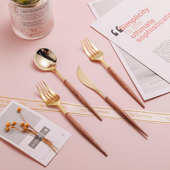 Lullaby 120PCS Gold Plastic Silverware, Gold Disposable Cutlery with Wood Grain Handle Include 40 Forks, 40 Spoons, 40 Knives, Elegant Disposable Silverware for Wedding, Party, Gathering, Daily Use