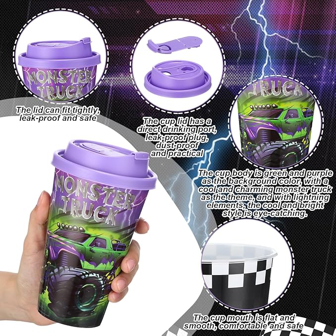 Yungyan 24 Sets Green Purple Monster Truck Party Favors Goodie Cups with Lids and Straws for Halloween Party Decorations Reusable 16oz Plastic Candy Cups Plastic Straws for Birthday Gift(Truck)