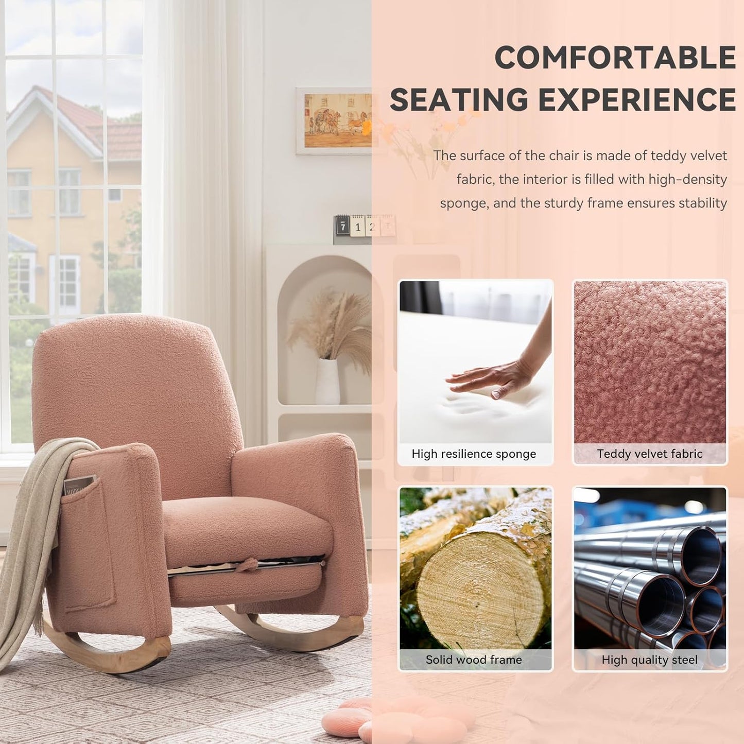 FOXHUNTER Rocking Chair Nursery with Adjustable Footrest and High Backrest, Upholstered Glider Chairs with Side Pockets for Nursery, Rocker Armchair Indoor for Living Room,Pink