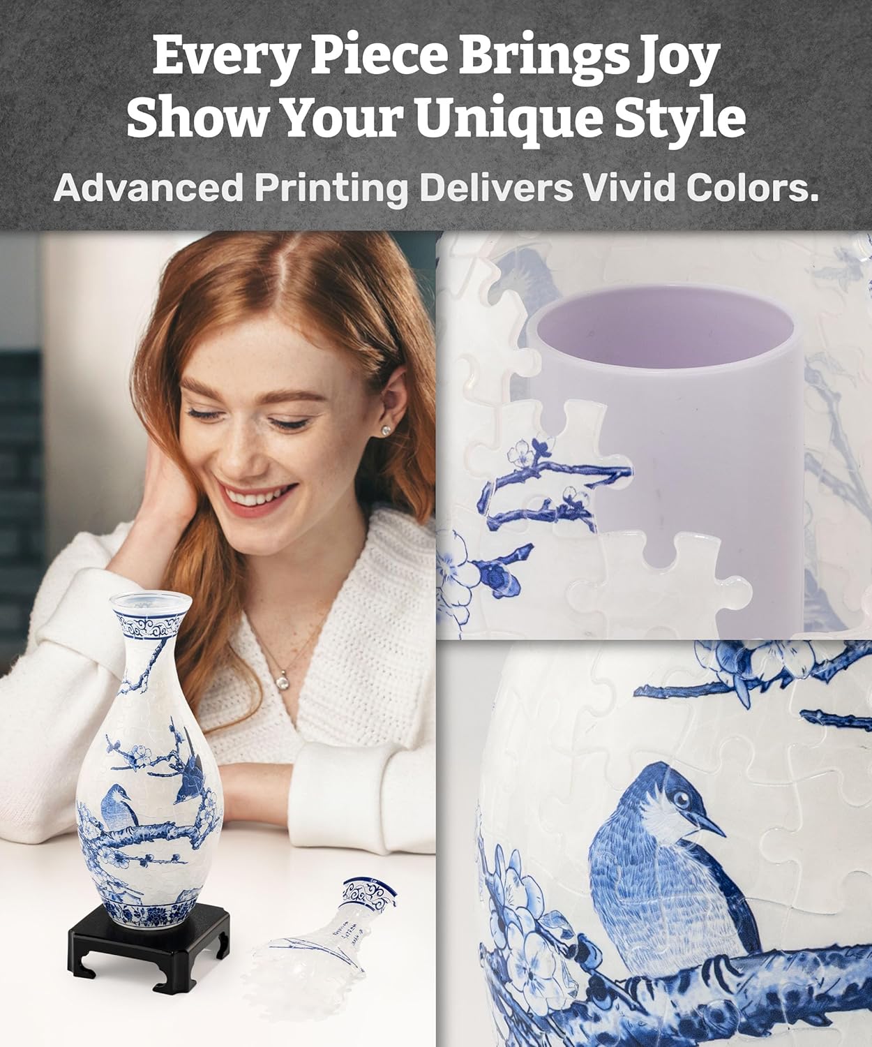 Pintoo 3D Puzzle Vase Unique Flower Vase Made by 160 Curved Plastic Puzzle Pieces House Warming Gift for Flower Arrangements and Home Decoration - [S1025] (Translucent, Magpies on Plum Tree)