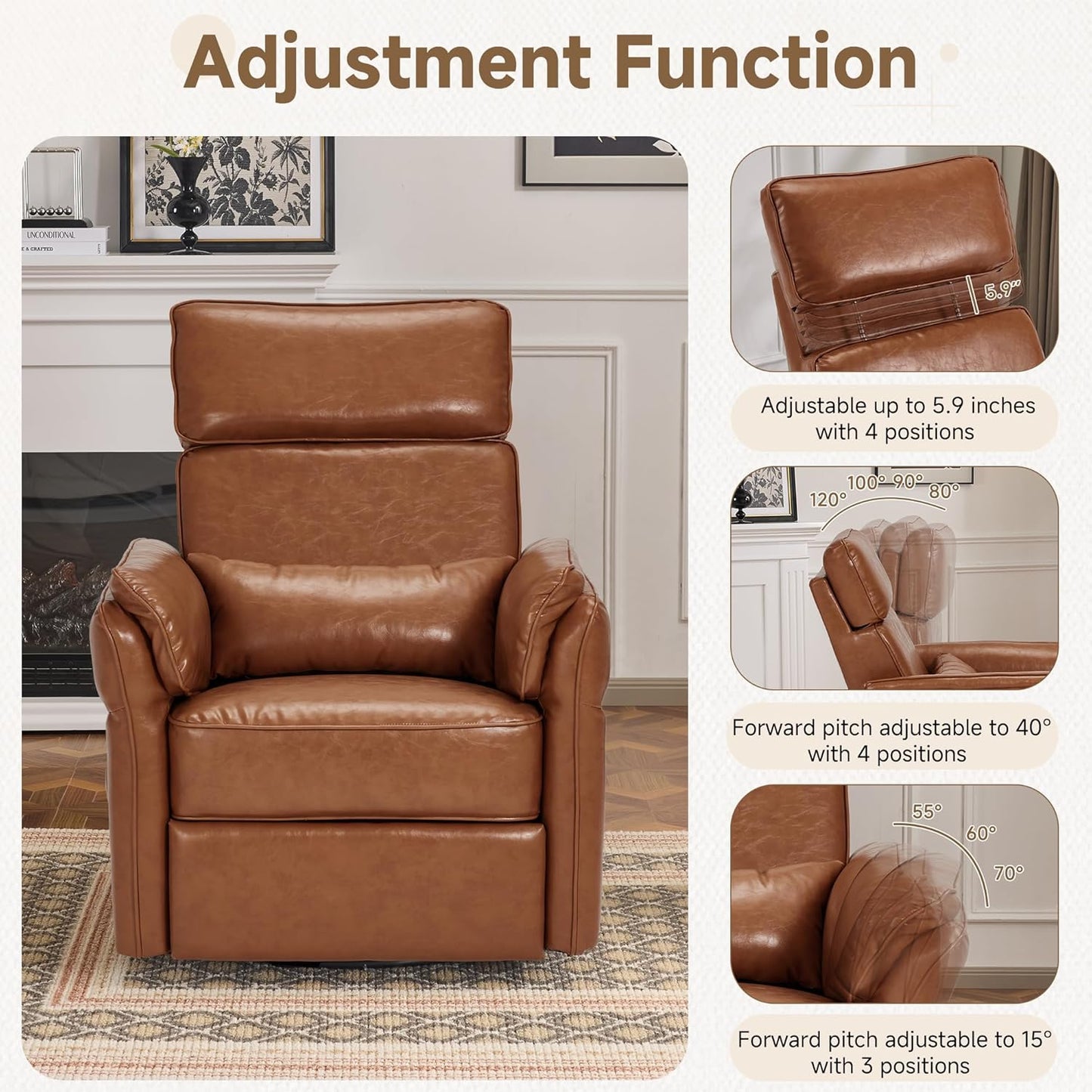 Power Recliner Rocking Chair Nursery Gliders with Adjustable Armrests and Headrest, Swivel Electric Glider Reclining Nursing Chair with USB Port and Storage Bags, FSC Certified(Leather, Brown)