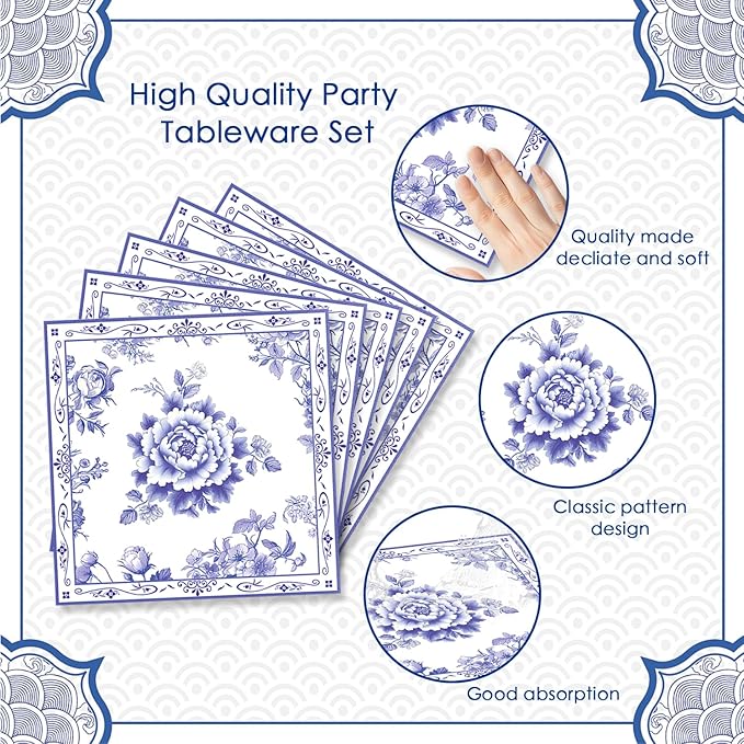 40pcs Blue and White Flower Party Decorations Disposable Blue Floral Plates and Napkins Flower Tableware Set for Bridal Shower Decoration Wedding Tea Party,Suitable for 20 Guests.