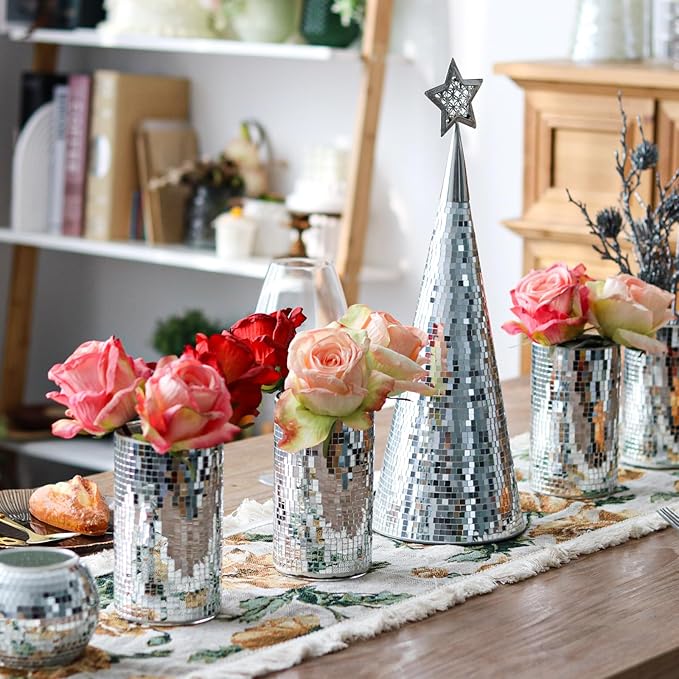 WDHODEC 6 Pcs Disco Vases Bulk Silver Mirror Disco Ball Flower Vase Glass Candle Holder for Wedding Table Centerpieces Decoration 6"