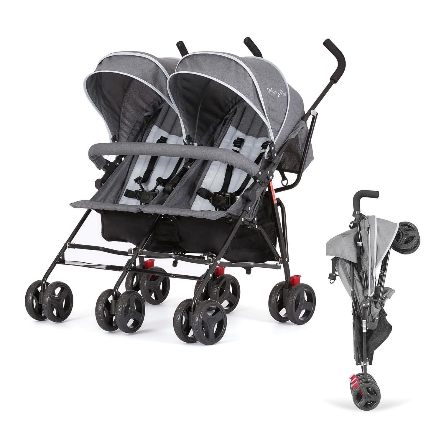 Dream On Me Volgo Twin Umbrella Stroller in Gray, Lightweight Double Stroller for Infant & Toddler, Compact Easy Fold, Large Storage Basket, Large and Adjustable Canopy