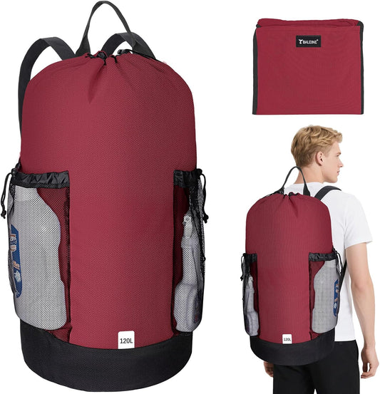 BALEINE 120L Laundry Bag Backpack, 900D Oxford Fabric Large Travel Laundry Bags with Shoulder Straps and 2 Mesh Pockets for College Dorm, Apartment, Laundromat (Red, 120L)