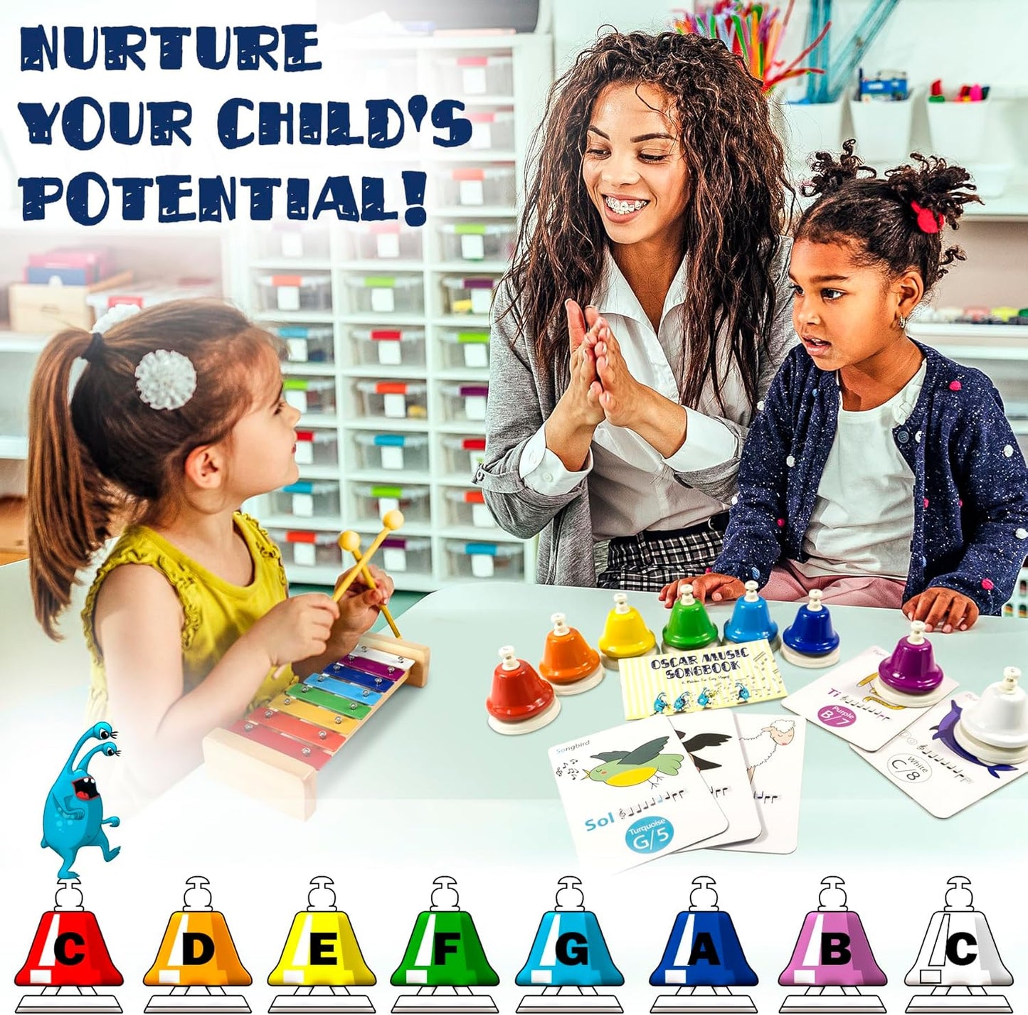 MINIARTIS Desk Bells for Kids | Educational Music Toys for Toddlers 8 Notes Colorful Hand Bells Set | Kids Musical Instrument with 15 Songbook | Great Birthday Gift for Children